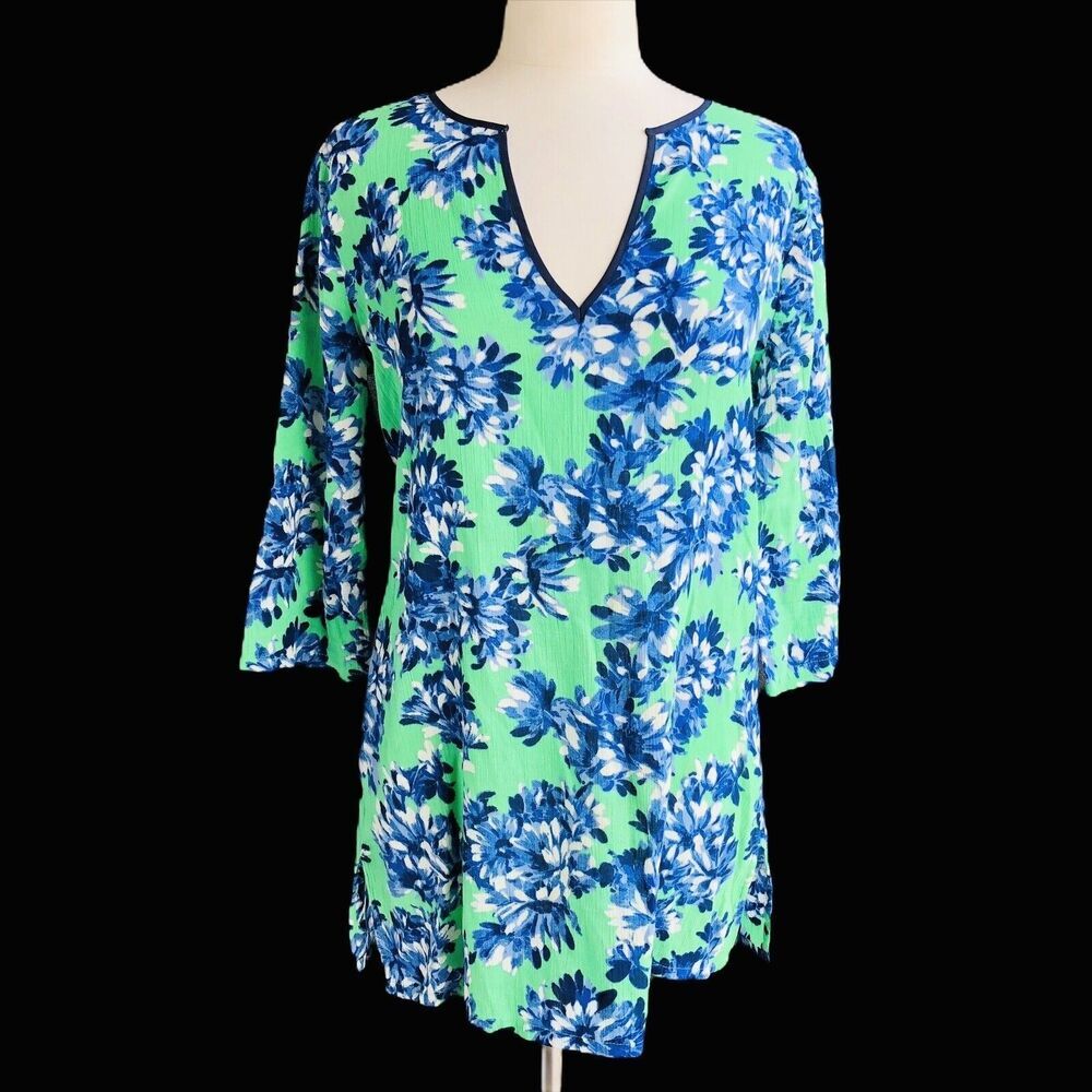 J CREW Tunic Top Women's Size S Green Floral Cotton 3/4 Sleeves Slit Blouse